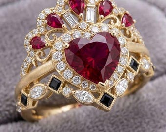 Vintage Heart Cut Ruby Engagement Ring Yellow Gold, Antique Tiara Crown Ruby Ring For Women, Unique Black Onyx Diamond Gothic Band Silver