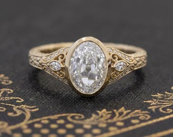 Vintage Oval Cut Moissanite Engagement Ring Yellow Gold, Antique Bezel Set Diamond Ring for Women, Unique Filigree Engraved Band Silver