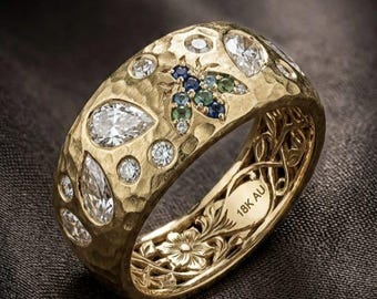 Nature Inspired 18K Yellow Gold Bumble Bee Ring, Unique Hammered Wide Diamond Band For Women, Sapphire Emerald Floral Cigar Band Silver
