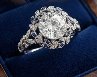 Vintage Blue Sapphire Laurel Wreath Engagement Ring White Gold, Antique Round Diamond Leaf Ring For Women, Unique Nature Inspired Band