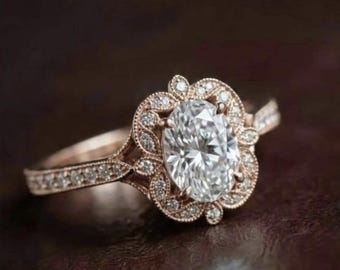Vintage Oval Moissanite Engagement Ring Rose Gold, Art Deco Oval Diamond Ring for Women, Unique Floral Milgrain Halo Promise Ring Silver