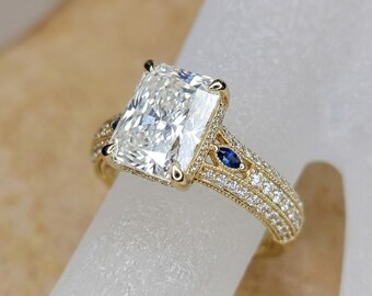 Vintage Radiant Cut Moissanite Engagement Ring Yellow Gold, Antique Art Deco Diamond Ring for Women, Unique Sapphire Accent Band Silver
