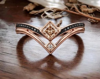 Vintage Princess Cut Champagne Moissanite Ring Set Rose Gold, Antique Black Diamond Chevron Band For Women, Unique Gothic V Ring Silver