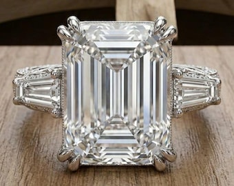 Vintage Emerald Cut Moissanite Engagement Ring White Gold, Antique Three Stone Diamond Ring for Women, Unique Tapered Baguette Band Silver