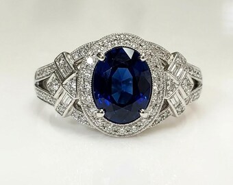 Vintage Oval Blue Sapphire Engagement Ring White Gold, Antique Art Deco Diamond Halo Ring For Women, Unique Geometric Filigree Band Silver