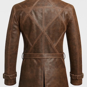Men&#39;s Distressed Rugged Vintage Handcrafted Brown Genuine Leather Trench Coat with Belted Waist