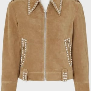 Women Studded Brown Suede Leather Jacket