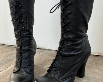 Vintage zwarte leren veterschoenen met hoge hak en omgeslagen rand, maat EU 38