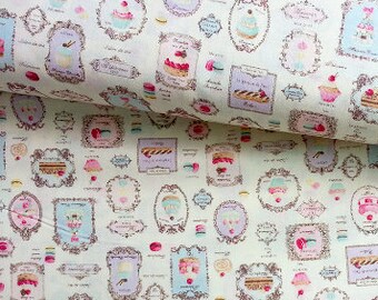 Japanese Fabric Yellow Vintage Fabric Shabby Chic Fabric Cafe Decor Fabric Food Fabric Cotton Fabric by the yard/Sweets Patisserie