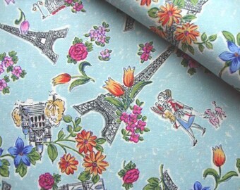 Japanese Cotton Fabric Kokka Paris Fabric Blue Fabric Blue Eiffel Tower Print Rose Fabric Floral Fabric Cotton Retro Fabric/I love Paris