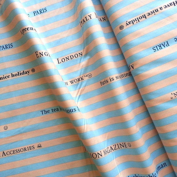 Tissu en coton japonais Tissu rétro Yuwa Tissu rayé Tissu texte Tissu vintage Tissu romantique Bleu Tissu par mètre/rayure de magazine