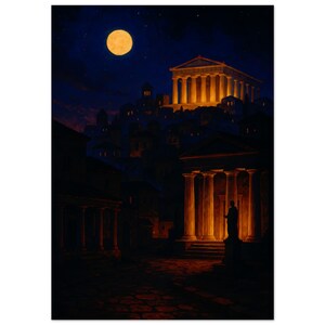 Greek City at Night Poster | Cinematic Ancient Greece Wall Art | Rich Colour Classical Architecture Print