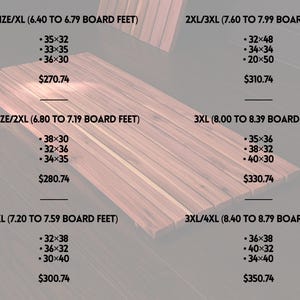 May include: A rectangular wooden slat panel with a natural reddish-brown grain. The image displays text categories including OVERSIZE/XL, OVERSIZE/2XL, 2XL, 2XL/3XL, 3XL, and 3XL/4XL, each listing specific board feet ranges and numerical dimensions.