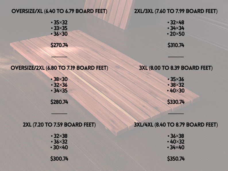 May include: A rectangular wooden slat panel with a natural reddish-brown grain. The image displays text categories including OVERSIZE/XL, OVERSIZE/2XL, 2XL, 2XL/3XL, 3XL, and 3XL/4XL, each listing specific board feet ranges and numerical dimensions.