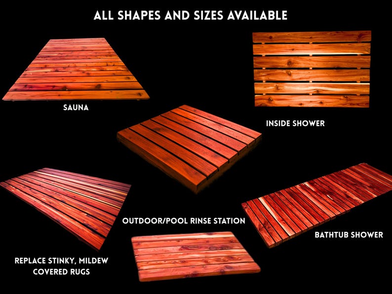 May include: A collection of rectangular and square slatted wooden floor mats with a reddish-brown finish. The text reads: ALL SHAPES AND SIZES AVAILABLE, SAUNA, INSIDE SHOWER, OUTDOOR/POOL RINSE STATION, BATHTUB SHOWER, REPLACE STINKY, MILDEW COVERED RUGS.