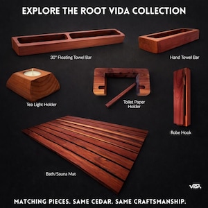 May include: The Root Vida collection features cedar wood bathroom accessories including a 30-inch floating towel bar, a hand towel bar, a tea light holder, a toilet paper holder, a robe hook, and a slatted bath or sauna mat on a dark background.