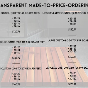 May include: A rectangular wooden slat mat composed of parallel planks in varying shades of brown. The image displays a pricing chart titled TRANSPARENT MADE-TO-PRICE-ORDERING, listing categories from SMALL CUSTOM to LARGE/XL CUSTOM with dimensions in inches.