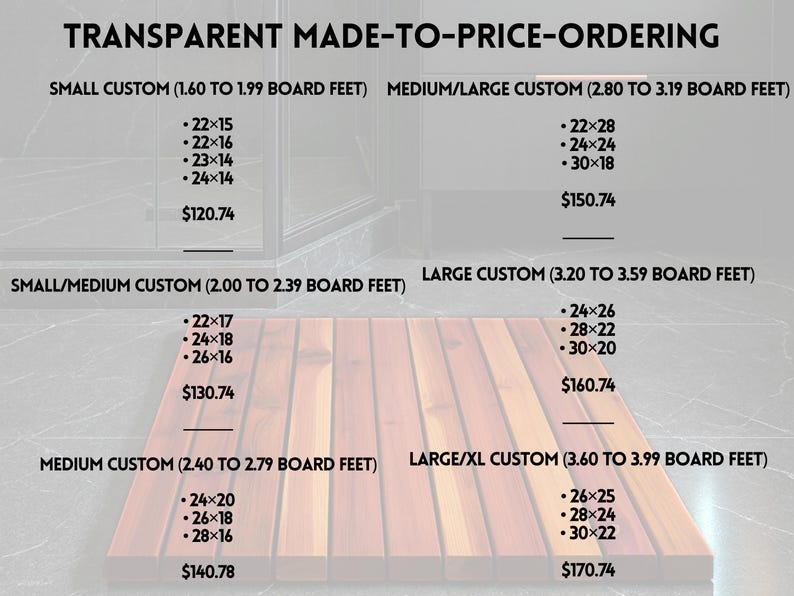 May include: A rectangular wooden slat mat composed of parallel planks in varying shades of brown. The image displays a pricing chart titled TRANSPARENT MADE-TO-PRICE-ORDERING, listing categories from SMALL CUSTOM to LARGE/XL CUSTOM with dimensions in inches.