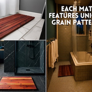 May include: A rectangular wooden bath mat composed of parallel slats with a rich reddish-brown finish. The text in the image states: EACH MAT FEATURES UNIQUE GRAIN PATTERN. The mat is shown placed on various bathroom floor surfaces.