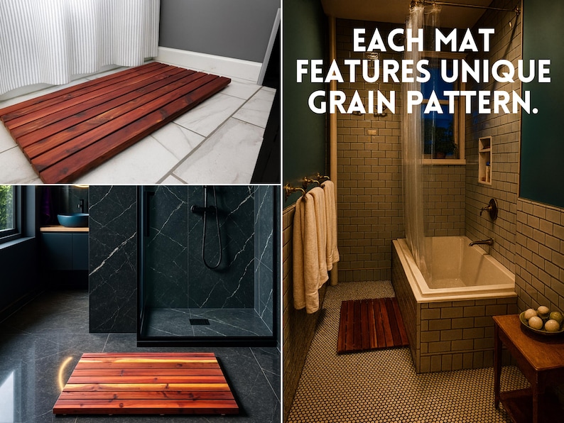 May include: A rectangular wooden bath mat composed of parallel slats with a rich reddish-brown finish. The text in the image states: EACH MAT FEATURES UNIQUE GRAIN PATTERN. The mat is shown placed on various bathroom floor surfaces.