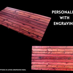May include: Two rectangular wooden slat mats with reddish-brown grain. The top mat features the engraved text THE WILLIAMS FAMILY. The bottom mat features the engraved text EMBRACE THE HEAT. FIND YOUR CALM. Text on the right reads PERSONALIZE WITH ENGRAVING.