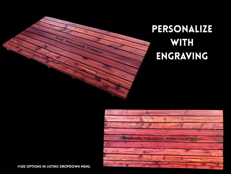 May include: Two rectangular wooden slat mats with reddish-brown grain. The top mat features the engraved text THE WILLIAMS FAMILY. The bottom mat features the engraved text EMBRACE THE HEAT. FIND YOUR CALM. Text on the right reads PERSONALIZE WITH ENGRAVING.