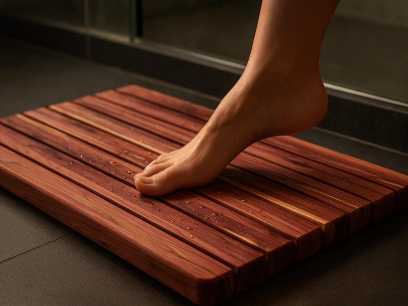 May include: A rectangular bath mat constructed from parallel reddish-brown wooden slats. The surface of the mat features visible wood grain patterns and small water droplets scattered across the planks, providing a textured, slatted design.
