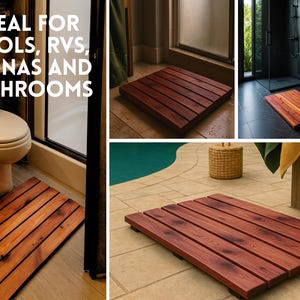 May include: A rectangular wooden bath mat constructed from multiple reddish-brown cedar slats arranged side-by-side. The mat features a natural wood grain pattern with visible knots and is shown in various settings including bathrooms and near pools.