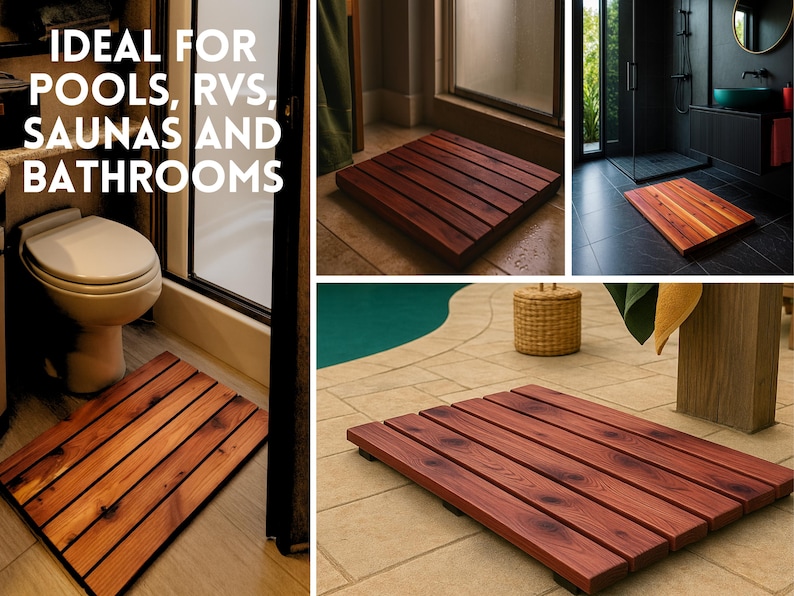 May include: A rectangular wooden bath mat constructed from multiple reddish-brown cedar slats arranged side-by-side. The mat features a natural wood grain pattern with visible knots and is shown in various settings including bathrooms and near pools.