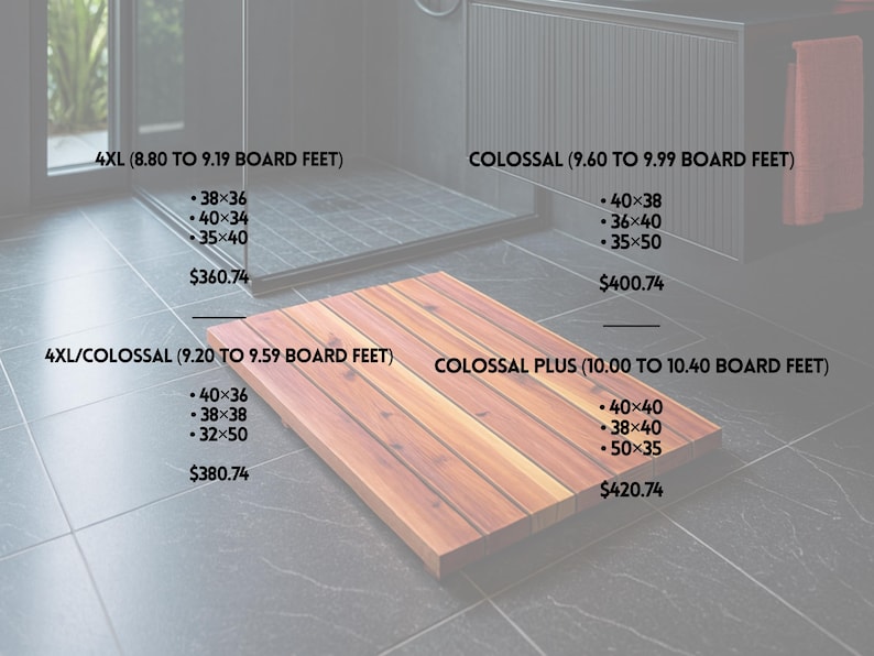 May include: A rectangular wooden bath mat composed of parallel cedar planks. Text overlays list size categories including 4XL, Colossal, and Colossal Plus, with corresponding board feet measurements and dimensions in inches, such as 38x36, 40x38, and 50x35.