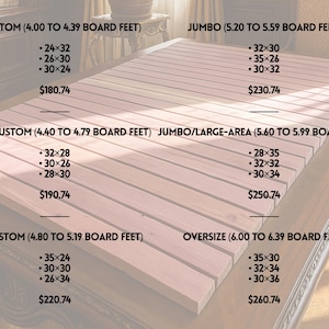 May include: A light-colored wooden slat board surface with overlaid text categories including XL CUSTOM (4.00 TO 4.39 BOARD FEET), JUMBO (5.20 TO 5.59 BOARD FEET), XL/XXL CUSTOM (4.40 TO 4.79 BOARD FEET), JUMBO/LARGE-AREA (5.60 TO 5.99 BOARD FEET), XXL CUSTOM (4.80 TO 5.19 BOARD FEET), and OVERSIZE (6.00 TO 6.39 BOARD FEET) with various numerical dimensions listed below each category.