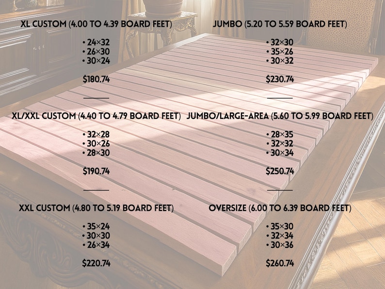 May include: A light-colored wooden slat board surface with overlaid text categories including XL CUSTOM (4.00 TO 4.39 BOARD FEET), JUMBO (5.20 TO 5.59 BOARD FEET), XL/XXL CUSTOM (4.40 TO 4.79 BOARD FEET), JUMBO/LARGE-AREA (5.60 TO 5.99 BOARD FEET), XXL CUSTOM (4.80 TO 5.19 BOARD FEET), and OVERSIZE (6.00 TO 6.39 BOARD FEET) with various numerical dimensions listed below each category.