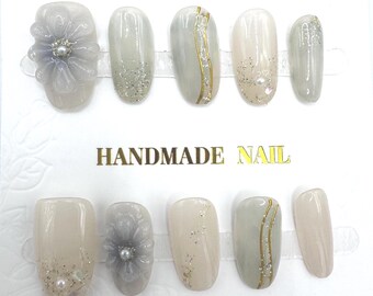 Uñas postizas - Hechas a mano / Florales 3D / Talla S / Ovaladas cortas / Brillantina / Aspecto natural