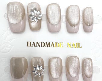 Uñas postizas - Hechas a mano / Flores 3D / Talla S / Cuadradas cortas / Aspecto natural / Punta francesa / Diamantes de imitación / Ojo de gato