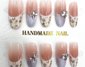 Uñas florales prensadas - Hechas a mano / Flores 3D / Flores pintadas a mano / Talla S / Ovalada mediana / Diamantes de imitación