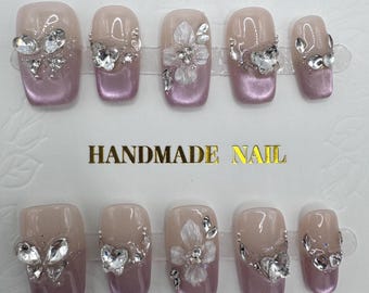 Uñas postizas - Hechas a mano / Talla S / Cortas y cuadradas / Punta francesa / Diamantes de imitación / Ojo de gato / Flor 3D
