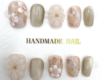 Uñas florales prensadas - Hechas a mano / Flores 3D / Flores pintadas a mano / Talla S / Cortas cuadradas / Ojo de gato