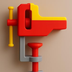 May include: A colorful, stylized clamp in red, yellow, and gray. The clamp features a red body with a yellow top, a gray base, and a red screw. The yellow handle and screw are prominent. This tool is designed for woodworking or crafts.