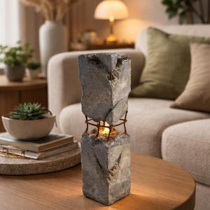 Puede incluir: Una lámpara decorativa con un diseño de piedra gris texturizada. La lámpara tiene forma rectangular con una luz cálida que emana del interior. Está sobre una mesa redonda de madera en un salón.