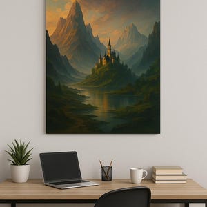 Mystical Castle Canvas Art: Fantasy Mountain Valley Sunset Kingdom