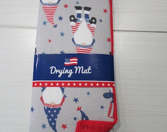 Dish drying Mat. Red White and Blue. Gnomes