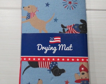 Dish drying Mat. Blue with Dogs