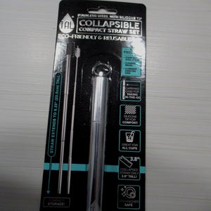 May include: A compact, collapsible, reusable straw set. The set includes a stainless steel straw, cleaning brush, and aluminum carrying case. The straw extends to 9.25 inches (23.5cm) and collapses to 3.8 inches. The set is dishwasher safe.