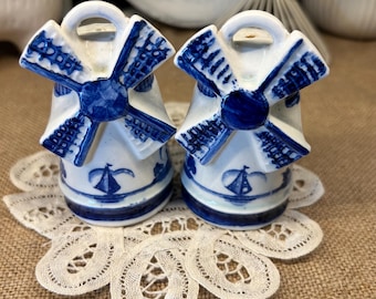 Vintage Delft Blue & White Windmill Salt and Pepper Shakers - Hand Painted Dutch