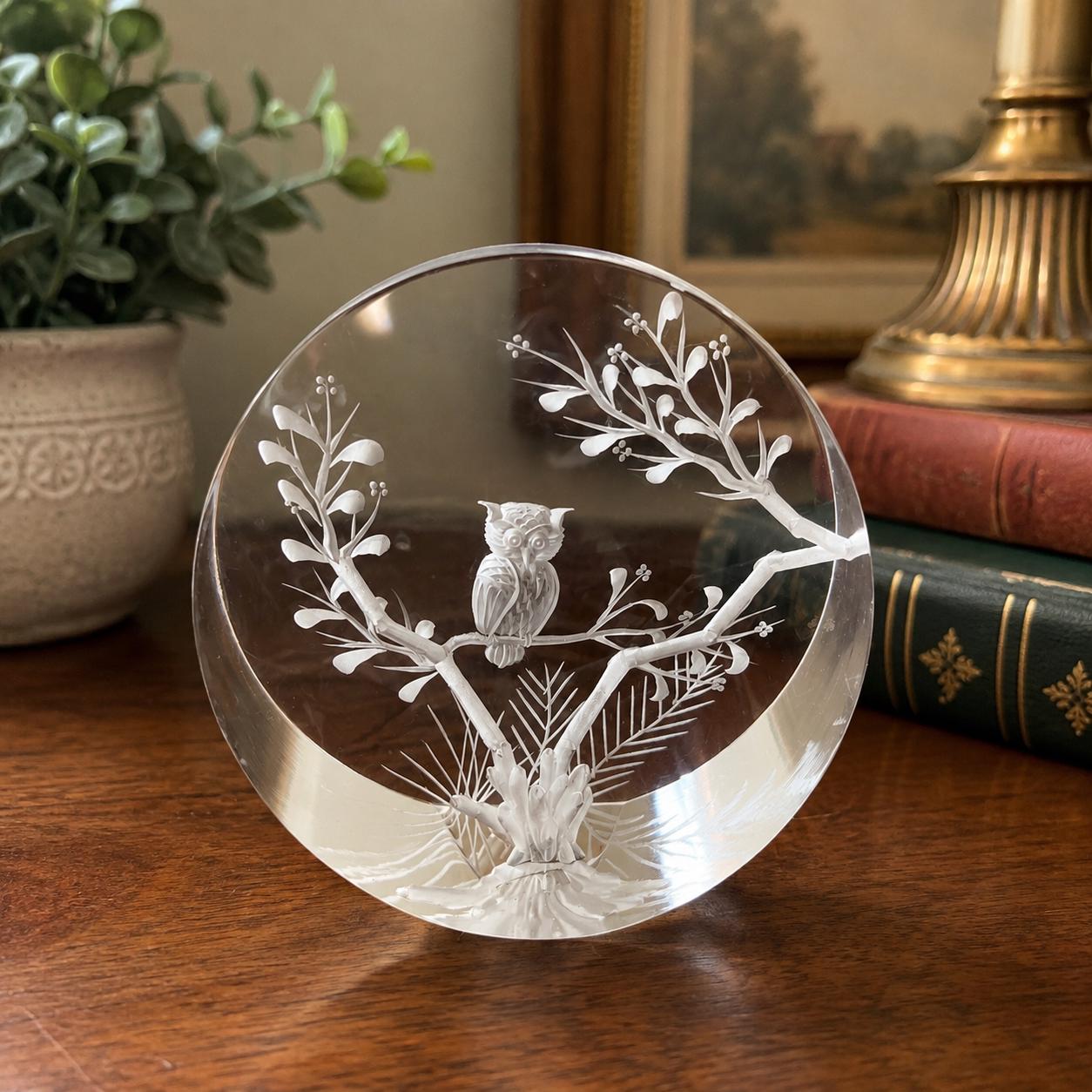 Vintage MCM Lucite Owl Paperweight Reverse Carved Intaglio 3D Floral Branch 3.5&rdquo;