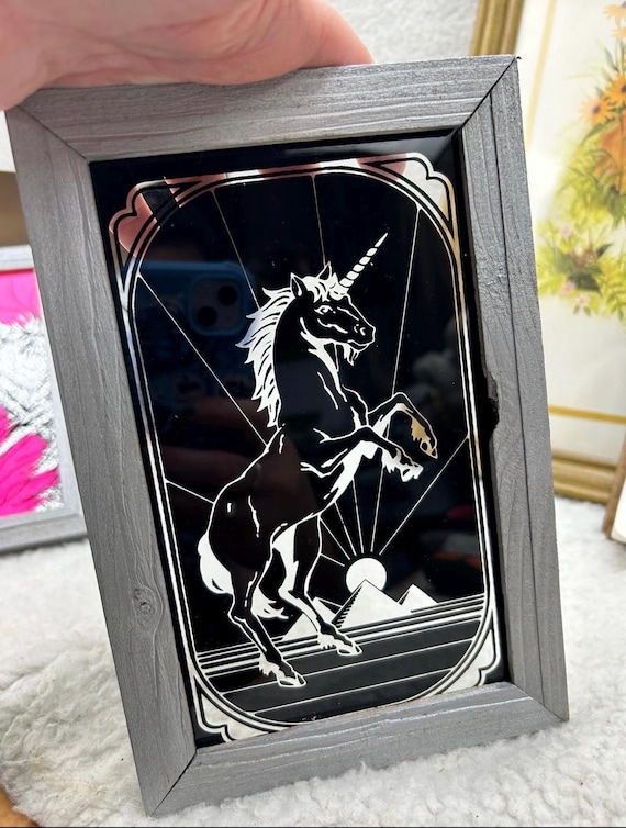 Vintage 1987 Lee Sales Unicorn Reverse Painted Glass Art Framed