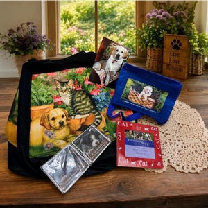 May include: A black tote bag featuring a printed image of a tabby cat and a golden puppy, a blue zippered pouch with a puppy graphic, a red photo frame with cat motifs, and a small clear plastic card holder with a puppy photograph inside.
