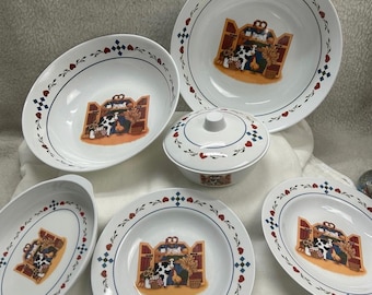 Melamine Ware Gourmet Country Cow 7 pc dishes 80's hearts farmhouse