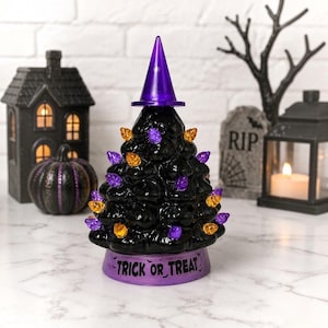 Mr Christmas Halloween Black Ceramic Lighted Tree Trick O Treat Purple Orange 6”