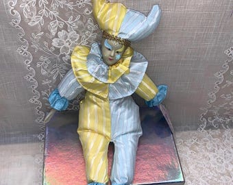 Bufón payaso 17" Vintage Sugar Loaf Harlequinn clásicos azul amarillo oro